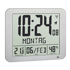 TFA Dostmann Radio-Controlled Digital Clock, 60.4516.54, with Room Climate, Written Day of the Week (10 Languages), 2 Alarm Functions, as Table Clock or Hanging, Silver, (L) 248 x (W) 25 (73) x (H) 206 mm