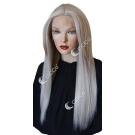 CiCiCa - “KIKI”, Lace Front Wigs, 28 Inches Long Wig, Straight Wig with Side Bangs, Silver Blonde Wig, Swiss Lace Wig, Premium Heat-Resistant Synthetic Hair Replacement Wigs for Women.