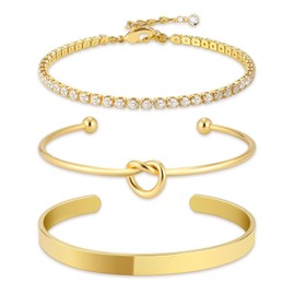 YOEE 9ct Gold Bracelet for Women-Gold Tennis Bracelet Girls Bracelet Gold Bangles Gold Cuff Bracelet Gold Jewellery Set, 3pcs Bracelets for Womens Birthday Christmas Anniversary