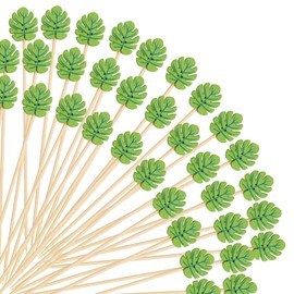 100 Pcs Green Monstera Leaf Cocktail Picks 5 Inch Long Handmade Wooden Bamboo Disposable Toothpicks for Hawaiian Summer Tropical Party Appetizers Decorative Food Drinks Garnish Fruit Skewer Sticks