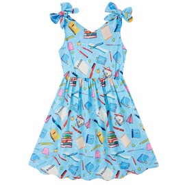 Enlifety Back to School Dress for Girls 7T 8T Sleeveless Summer Dresses First Day of School Bowknot Strap Pencil Print Sundress Blue