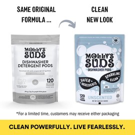 Molly's Suds Dishwasher Pods | Clean Dishwasher Detergent, Cuts Grease & Rinses Clean (Residue-Free) for Sparkling Dishes | 120 Auto-Release Tabs (Unscented)