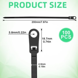 JIYIN 100 PCS Black Zip Ties with Screw Hole, 7.8 Inch Multipurpose Heavy Duty Nylon Zip Tie Mountable head Cable Ties Straps Cable Cord Management for Indoor Outdoor Office Home