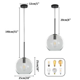 Modern Globe Pendant Light Fixtures, Mid-Century Glass Globe Flush Mount Ceiling Light, Rustic Light Pendant Lights Kitchen Island Dinning Hanging Pendant Light ﻿ (Black-Clear, 25cm/10”)