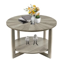 Round Coffee Table with Storage, Mid Century Modern Engineered Wood Coffee Table, Small Coffee Tables for Living Room, Grey Tea Table, Rustic Wooden Circle Center Table Living Room Furniture