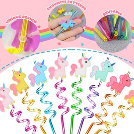 Children's Straws, Pack of 8 Straws, Children's Unicorn, Curly Straws, Children's Straws, Reusable Drinking Straws for Children, Birthday Party Decoration, Party Accessories