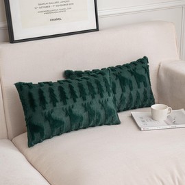 SHITURRE Green Christmas Tree and Reindeer Decorative Throw Pillow Covers 12"x20", 2 Packs Soft Plush Lumbar Pillow Cover with Embroidery for Home Decor, Holiday Cushion Cases for Bed Living Room