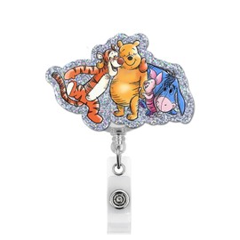 Cute Pooh Bear Badge Reel, Funny Nurse Retractable Badge Holder Name Tag ID Card Clip for RN LPN CNA Medical Worker, Pooh Bear Themed Friends Gifts for Besties Coworkers
