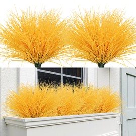 RECUTMS Artificial Grasses Outdoor Plants Tall Grass Spring Fake Grass Plant Plastic Artificial Shrubs for Planters Wedding Indoor Outside Garden Porch Home Office Window Box Decor(Pure Yellow)