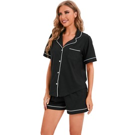 LUBOT 100% Cotton Pyjamas for Women, Woven Short and Long Sleeve Pyjamas with Button Placket, Two-Piece Pyjamas for Women, Lounge and Sleepwear, S - XXL, black, L