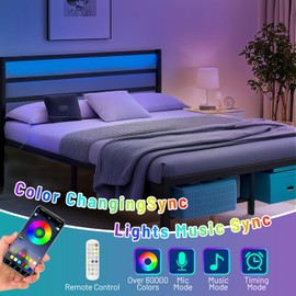 CLIBFENG Full Size Bed Frame with Headboard,Heavy Duty Steel Slats Support-LED Bed Frame with USB Charging Station,Mattress Foundation-Under Bed Storage,No Box Spring Needed,Noise Free，Black