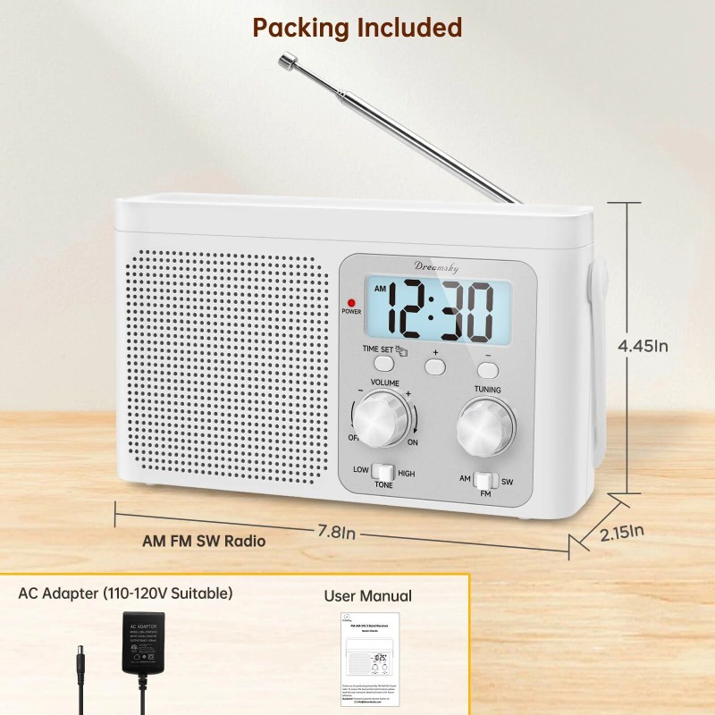 DreamSky Portable AM/FM Radio with Digital Display Battery or Plug-in