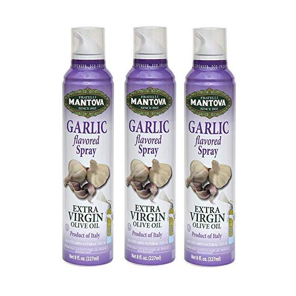 Mantova Extra Virgin Olive Oil Spray Garlic Flavored 8 oz. Spray Bottle - Manage Oil Amount - Great For Salads & Cooking (Thrее Рack)