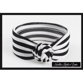 Needles Knots n Bows Black & White Striped Top Knot Turban Headband, Baby Toddler Donut Headband