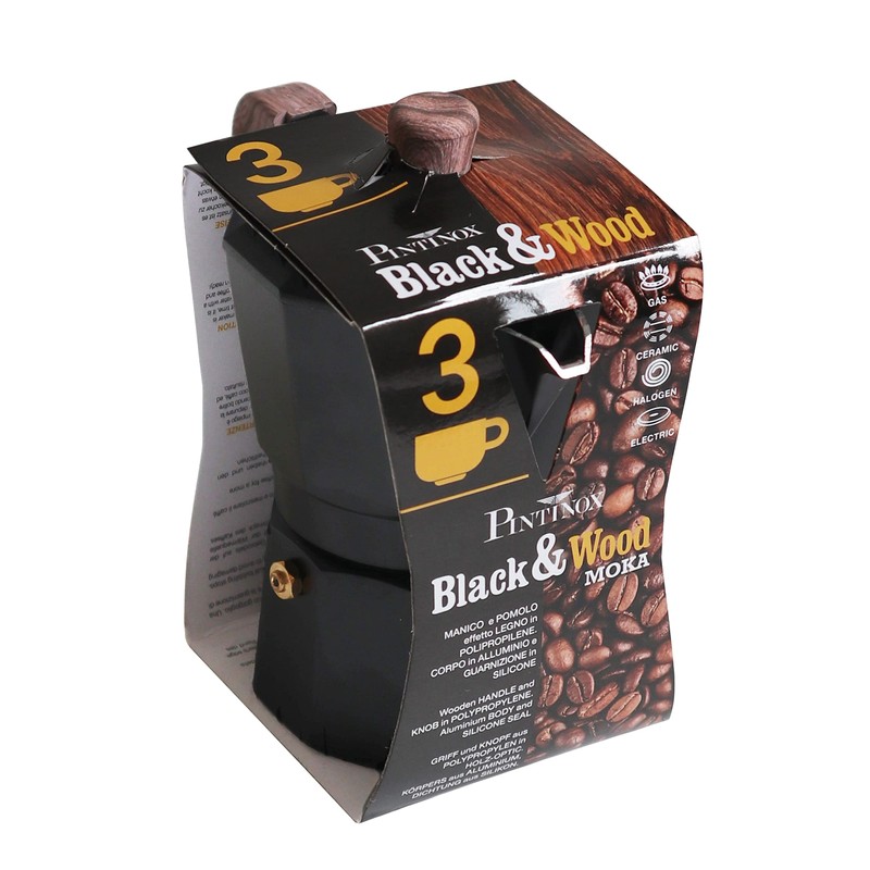 PINTINOX Black&Wood Moka Espresso Maker for 3 Cups