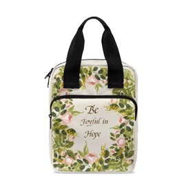 Xoenoiee Pink Floral Print Tote Bible Bag, Be Joyful in Hope, Bible Cover Bible Case for Women Men Portable Carrying Book Case Church Bag Bible Protective Bag
