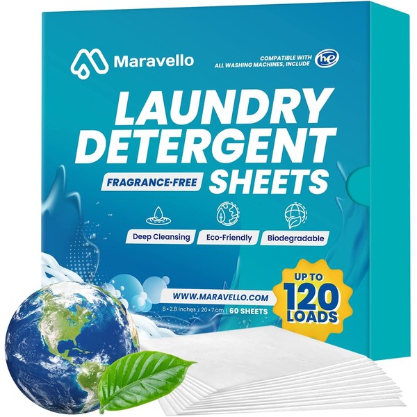 Maravello Fragrance-Free Laundry Detergent Sheets, Travel Laundry Soap Sheets, Highly Efficient Stain Removal for all Tank Types, Dye Free, Large Volume Up to 120 Loads