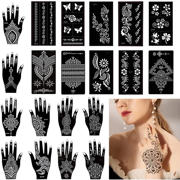 Plantillas para tatuajes de henna / templos temporales de tatuaje juego de 20 hojas, pegatinas de tatuaje árabe indio, para manos, brazos, hombros, piernas.