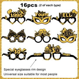Eaguecros 16pcs 30th Birthday Glasses Decorations for Men Women, Black Gold 30th Paper Eyeglasses Birthday Sunglasses Photo Props 30th Birthday Party Favors