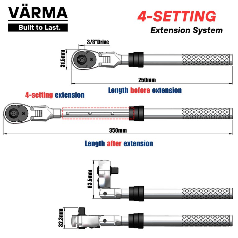 VÄRMA 3/8" Drive Ratchet – 10–13.8" 4-Stage Extendable Handle, 90T