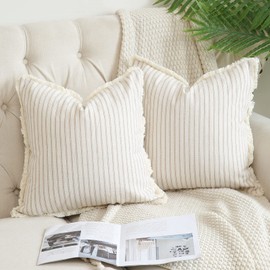 Hckot Throw Pillow Covers 24x24 Set of 2 Striped Pillow Covers with Fringe Chic Cotton Decorative Pillows Square Cushion Covers for Sofa Couch Bed Living Room Farmhouse Decor,Khaki