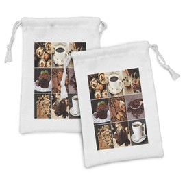 Lunarable Coffee Fabric Pouch Set of 2, Coffees Mugs Cupcake Chocolate Deserts Nuts Cocoa Tasty Sweets Collage, Small Drawstring Bag for Toiletries Masks and Favors, 9" x 6", Brown White Dark Green