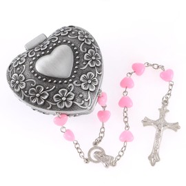 WHLHMK Rosary Beads Catholic for Girls With Rosary Box, Red Crystal Heart Shaped Beads Rosary Necklace with Heart Shaped Vintage Jewelry Box, Anglican Prayer Beads Christian Gifts for Women