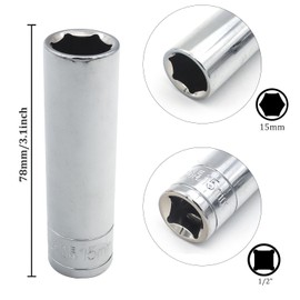 Juttzzei 6-Point Deep Socket, 1/2 Inch Drive 15mm Socket, Full Polishing CR-V Steel 15mm Socket 1/2 Drive with 78mm Length 6-Point Metric Sizes foe Car Home Repair Mechanical Maintenance - Silver