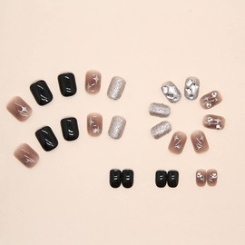 24Pcs Artificial Fingernails Acrylic Fake Nails with Clear Rhinestone Designs, Press on Nails Square Short Length, Coffin Full Cover Reusable False Nails with Glue, Glue on Nails with Glitter Charm