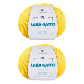 Wool for Knitting or Crocheting, 100% Merino Wool Extrafine by Lana Gatto. Baby Soft Line Children, Newborns Natural with Aloe Vera (2, Yellow - 8437)