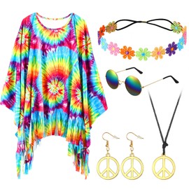 Hestya Hestya 5 Stück 60er 70er Hippie Kostüm Set Damen Hippie Tie Dye Poncho Blumen Stirnband Retro Sonnenbrille Frieden Zeichen Ohrringe Friedenszeichen Halskette für Party Outfit Zubehör(Klassisch)