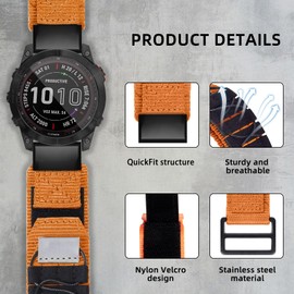 SumRioo QuickFit 22 mm Strap for Garmin Fenix 7/6/5/Fenix 7 Pro Solar/7 Pro/7 Solar/6 Pro Solar/6 Pro/6 Solar/5 Plus, Nylon Replacement Strap for Garmin Epix 2 47 mm/Forerunner 965/955/945/935, Orange