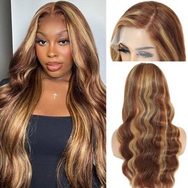 Highlight Ombre Lace Front Wig Human Hair Pre Plucked With Baby Hair 13x4 Body Wave Frontal Wigs Human Hair 180% Density 4/27 Colored Honey Blonde Lace Front Wig for Women 28 Inch