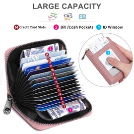 Badiya Genuine Leather Credit Card Holder RFID Blocking Accordion Small Card Case Wallet Zip Coin Purse for Women Men