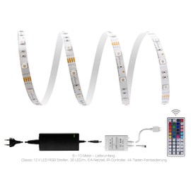 Rated 10 Meter LED RGB Strip Light kit 30 LEDs/m + Controller with 44 Key Remote + 6 A Power Supply