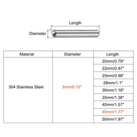 sourcing map 3 x 45 mm Dowel Pins 304 Stainless Steel Round Head Flat Fastening Elements Pack of 10