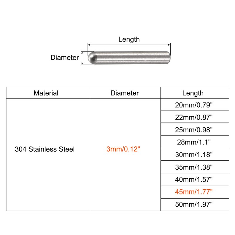 sourcing map 3 x 45 mm Dowel Pins 304 Stainless