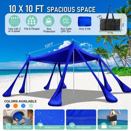 Ahititi Beach Tent Sun Shelter Beach Canopy Tent Sun Shade Pop Up 10x10 UPF50+ with 8 Sandbags-2 Sand Shovel-Portable 4 Aluminum Poles-Ground Pegs-Easy Setup for Outdoor Family Camping Fishing Picnic