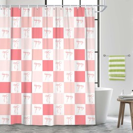 BATRUG Light Pink Bowknot Shower Curtain, Cute Light Pink White Bow Geometric Checkered Plaid Aesthetic Aabstract Shower Curtain Set, Princess Style Theme Bathroom Accessories Shower Curtain, 70X70IN