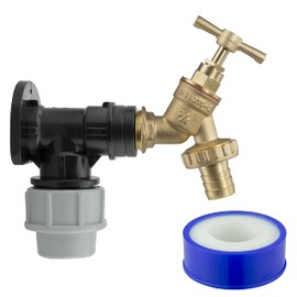 25mm mdpe Compression Backplate/wallplate with Classic Brass bib tap + Hose Barb+PTFE Tape