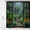 AMFD Tropical Rainforest Shower Curtain Jungle Green Tree Waterfall Pond