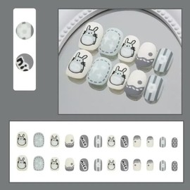 Ztcily Künstliche Nägel für Kinder, weiß und grau, künstliche Nägel, selbstklebend, kurz, in Form einer Chinchilla, Zubehör oder Geschenkidee für Weihnachten, Neujahr oder Geburtstag