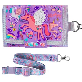 Children's Wallet for Boys Aged 4-18 Years, Tri-Fold Youth Wallet with Lanyard, Zippered Coin Pocket Card Holder, Novelty Wallet for Children, Birthday Gifts, Purple Unicorn, Unicorn