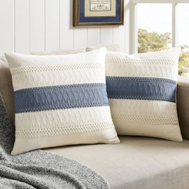 ZeeMart 2 Packs Cotton Boho Throw Pillow Covers 18x18 Inch Contrast Blue, Soft Farmhouse Decorative Couch Pillow Cases Blue Cushion Covers for Sofa Bed Living Room Home Decor