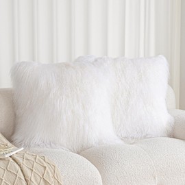 ROSE FEATHER Real 100% Tibetan Mongolian Lamb Sheepskin Wool Fur Super Soft Plush Leather Pillowcase Cushion Cover,White 18x18 Inch Set of 2