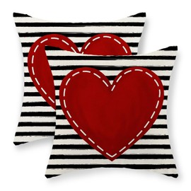 GOLIANDA Valentines Day Pillow Covers 18x18 Inch Set of 2, Valentines Decor Linen Pillowcase Stripes Red Love Heart Valentines Throw Pillows Anniversary Decorative Outdoor Cushion Case for Sofa Couch