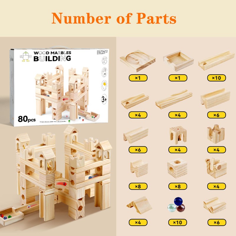 Wooden Marble Run for Kids Ages 4-8 – 80 Pieces