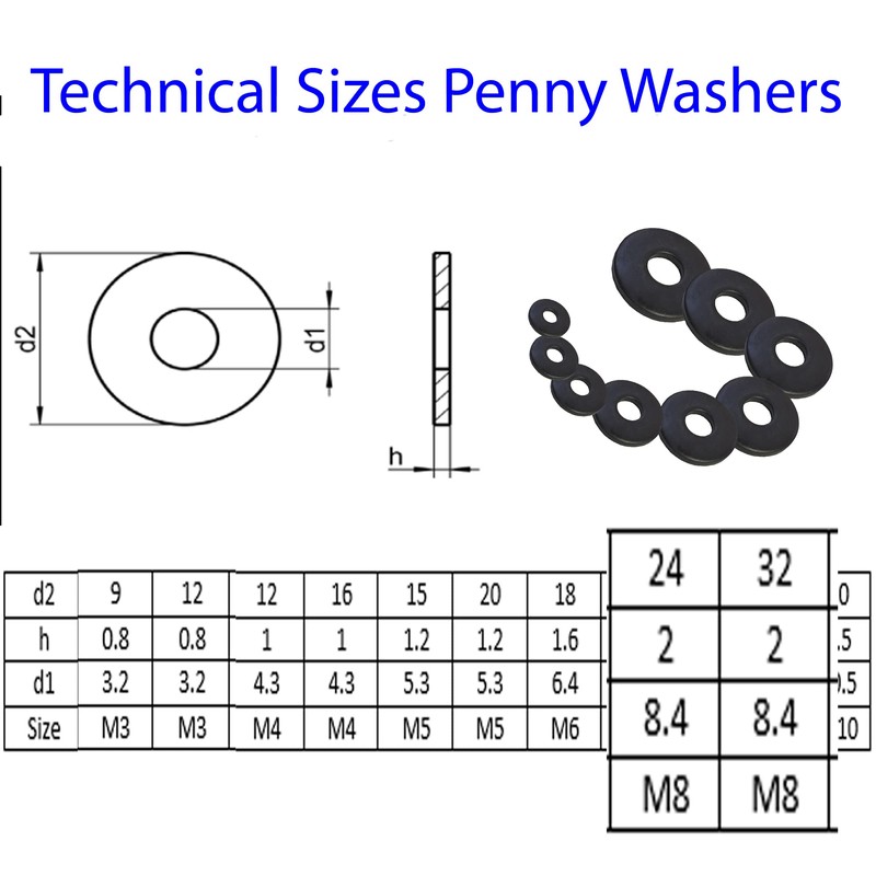 M8 x 24mm Black Penny Washers Stainless Steel Blackened Washer