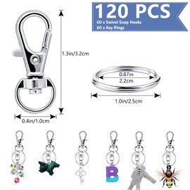 AMSGANK Pack of 120 Key Rings Stainless Steel Small Carabiner Key Ring with Swivel Joint Craft DIY Rings Key Ring Carabiner Hook (Silver)