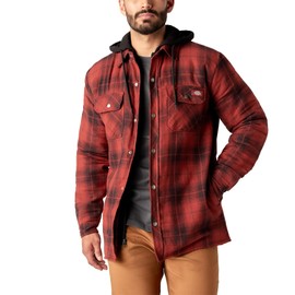 Dickies Men's Water Repellent Flannel Hooded Shirt Jacket, Brick Black Ombre Plaid